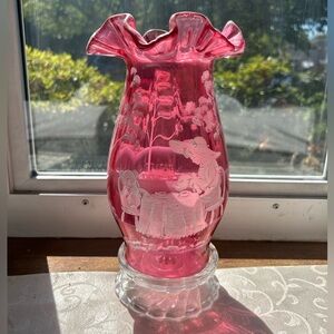 Fenton hand painted cranberry hurricane lamp